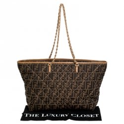 Pre Owned Fendi Brown/Beige Zucca Quilted Canvas and Leather Large Roll Tote