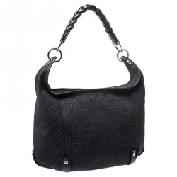 Pre Owned Fendi Black Zucchino Canvas Braided Handle Hobo
