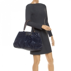 Pre Owned Fendi Navy Blue Pebbled Leather Large Mia Shoulder Bag