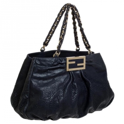Pre Owned Fendi Navy Blue Pebbled Leather Large Mia Shoulder Bag
