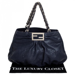 Pre Owned Fendi Navy Blue Pebbled Leather Large Mia Shoulder Bag