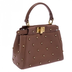 Pre Owned Fendi English Rose Leather Star Crystals Embellished XS Iconic Peekaboo Top Handle Bag
