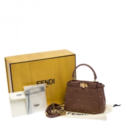 Pre Owned Fendi English Rose Leather Star Crystals Embellished XS Iconic Peekaboo Top Handle Bag