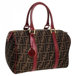 Pre Owned Fendi Tobacco Zucca Red Lining Canvas Medium Forever Bauletto Boston Bag