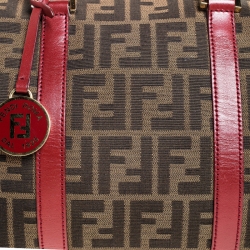 Pre Owned Fendi Tobacco Zucca Red Lining Canvas Medium Forever Bauletto Boston Bag