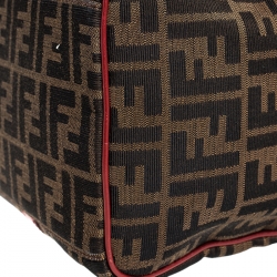 Pre Owned Fendi Tobacco Zucca Red Lining Canvas Medium Forever Bauletto Boston Bag