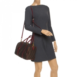 Pre Owned Fendi Tobacco Zucca Red Lining Canvas Medium Forever Bauletto Boston Bag