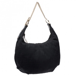 Pre Owned Fendi Black Zucca Canvas and Leather Chef Chain Link Hobo
