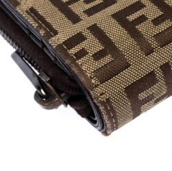 Pre Owned  Fendi Brown/Beige Zucchino Canvas Zip Around Compact Wallet 