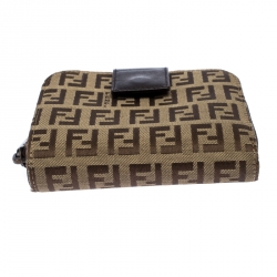 Pre Owned  Fendi Brown/Beige Zucchino Canvas Zip Around Compact Wallet 
