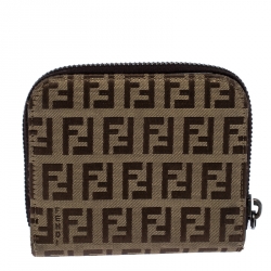 Pre Owned  Fendi Brown/Beige Zucchino Canvas Zip Around Compact Wallet 