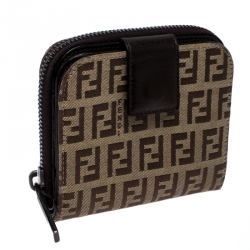 Pre Owned  Fendi Brown/Beige Zucchino Canvas Zip Around Compact Wallet 