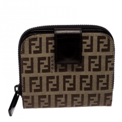 Pre Owned  Fendi Brown/Beige Zucchino Canvas Zip Around Compact Wallet 