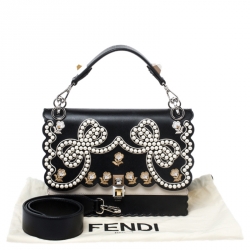 Pre Owned Fendi Black/Beige Embroidered Leather Medium Pearl Kan I Top Handle Bag