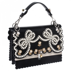 Pre Owned Fendi Black/Beige Embroidered Leather Medium Pearl Kan I Top Handle Bag