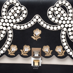 Pre Owned Fendi Black/Beige Embroidered Leather Medium Pearl Kan I Top Handle Bag