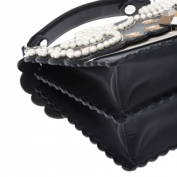 Pre Owned Fendi Black/Beige Embroidered Leather Medium Pearl Kan I Top Handle Bag