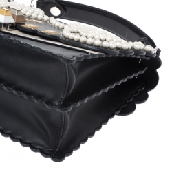 Pre Owned Fendi Black/Beige Embroidered Leather Medium Pearl Kan I Top Handle Bag
