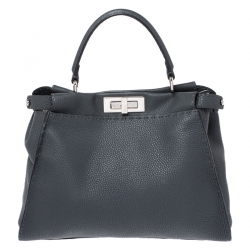 Pre Owned Fendi Grey Selleria Leather Medium Peekaboo Top Handle Bag