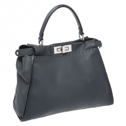 Pre Owned Fendi Grey Selleria Leather Medium Peekaboo Top Handle Bag