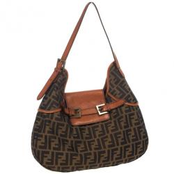Pre Owned Fendi Tobacco Zucca Canvas Double Buckle Hobo Bag
