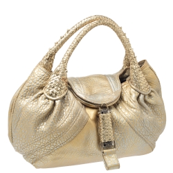Pre Owned Fendi Gold Holographic Textured Leather Spy Bag