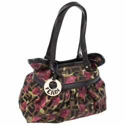 Pre Owned Fendi Brown/Pink Zucca Rose Print Canvas and Leather Mini Mare Bag
