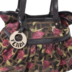Pre Owned Fendi Brown/Pink Zucca Rose Print Canvas and Leather Mini Mare Bag