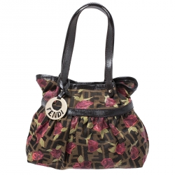 Pre Owned Fendi Brown/Pink Zucca Rose Print Canvas and Leather Mini Mare Bag