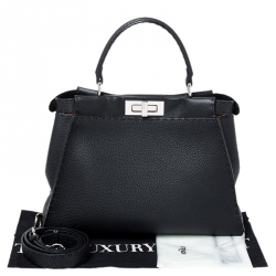 Pre Owned Fendi Black Selleria Leather Medium Peekaboo Top Handle Bag