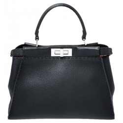 Pre Owned Fendi Black Selleria Leather Medium Peekaboo Top Handle Bag