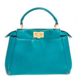 Pre Owned Fendi Turquoise Leather Mini Peekaboo Top Handle Bag