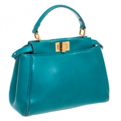 Pre Owned Fendi Turquoise Leather Mini Peekaboo Top Handle Bag