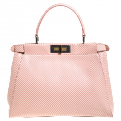 Pre Owned Fendi Pink/White Checkered Leather Sequin Lining Medium Peekaboo Top Handle Bag