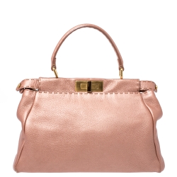 Pre Owned Fendi Metallic Pink Seleria Leather Medium Made To Order Peekaboo Top Handle Bag