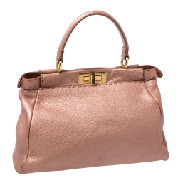 Pre Owned Fendi Metallic Pink Seleria Leather Medium Made To Order Peekaboo Top Handle Bag