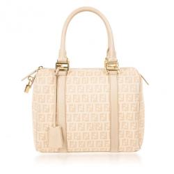Pre Owned Fendi Beige Blush and Cream Zucchino Spalmati Boston Satchel