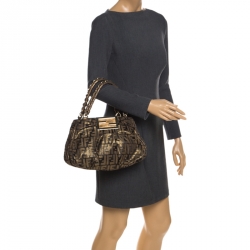 Pre Owned Fendi Gold/Brown Zucca Shimmering Fabric Small Mia Shoulder Bag