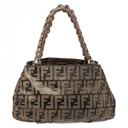 Pre Owned Fendi Gold/Brown Zucca Shimmering Fabric Small Mia Shoulder Bag