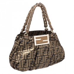 Pre Owned Fendi Gold/Brown Zucca Shimmering Fabric Small Mia Shoulder Bag