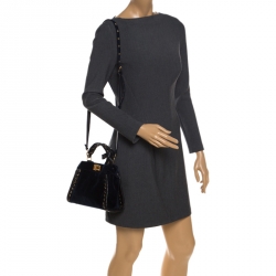 Pre Owned Fendi Dark Blue Velvet Mini Whip Stitched Peekaboo Top Handle Bag