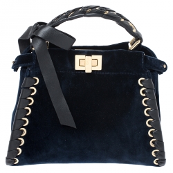 Pre Owned Fendi Dark Blue Velvet Mini Whip Stitched Peekaboo Top Handle Bag