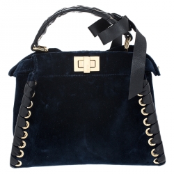Pre Owned Fendi Dark Blue Velvet Mini Whip Stitched Peekaboo Top Handle Bag