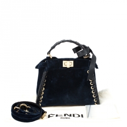 Pre Owned Fendi Dark Blue Velvet Mini Whip Stitched Peekaboo Top Handle Bag