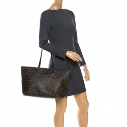 Pre Owned Fendi Tobacco Zucca Coated Canvas Large Roll Tote