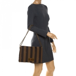 Pre Owned Fendi Tobacco Canvas Large Pequin Stripe Claudia Shoulder Bag