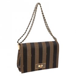 Pre Owned Fendi Tobacco Canvas Large Pequin Stripe Claudia Shoulder Bag