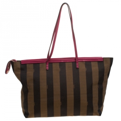 Pre Owned Fendi Tobacco/Pink Pequin Canvas and Leather Roll Tote