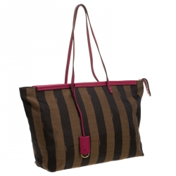 Pre Owned Fendi Tobacco/Pink Pequin Canvas and Leather Roll Tote