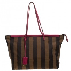 Pre Owned Fendi Tobacco/Pink Pequin Canvas and Leather Roll Tote